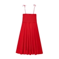 Elegant red midi cotton dress with smocked bodice and thin spaghetti straps for women - XS / Red