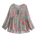 Camisa floral de mujer verde azulado con estampado de rosas vintage y cuello en V con borlas - S / Verde