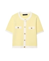 Détail de gilet en maille avec boutons dorés et bordure contrastée blanche élégante - S / Jaune