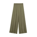 Women's olive green wide leg trousers with elastic high waist and pleated texture fabric - Olive Green