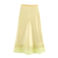 Eleganter hellgelber Satin-Midirock mit Spitzenbesatz und durchsichtigem Chiffonsaum - M / Gelb