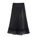 Eleganter schwarzer Satin-Midirock mit Spitzenbesatz und Lagen-Organza-Saum für Damen - M / Schwarz