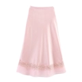 Pink satin midi skirt with elegant lace embroidery and sheer layered hemline - M / Pink