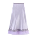 Elegant lavender satin A-line maxi skirt with lace embroidery and organza trim - M / Light Purple