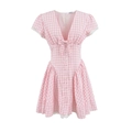 Pink and white gingham dress with V-neck, lace trim, and bow detail on white background - S / Pink