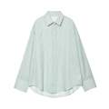 Women's spring mint green and white striped oversized long-sleeve shirt with lapel - Green Top