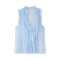Light blue sleeveless chiffon shirt with layered ruffles and a deep V-neckline design - XS / Sky Blue