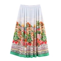 Jupe midi à imprimé ethnique floral avec scène côtière méditerranéenne et palmiers - XS / Coloré