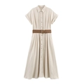 Elegantes beige kurzarm A-Linie Maxikleid mit Plissee-Revers und braunem Webgürtel - XS / Beige