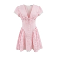 Robe trapèze à carreaux vichy rose et blanc avec détails en dentelle et nœud - S / Rose