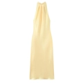 Elegante abito midi in raso color crema con scollo all'americana a pieghe e taglio dritto - XS / Giallo chiaro