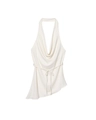 White halter top with cowl neck, textured fabric, and irregular hem waist-tie design - XS / White Top