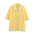 Polo in maglia gialla a rete con bordi a contrasto azzurro e bottoni sul davanti - S / Top Polo in Maglia