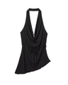 Chic black halter top with cowl neck, adjustable waist tie and asymmetrical hemline - XS / Black Top