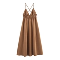 Women's elegant brown midi dress with V-neck, spaghetti straps and pleated waist - XS / Brown