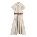Minimalistische beige linnen midi-jurk met korte mouwen en een gevlochten riem - XS / Beige