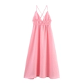 Elegante vestido midi rosa con cuello en V, tirantes, cintura alta y falda línea A - XS / Rosa