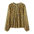 Elegant mustard yellow floral blouse with vintage long lantern sleeves and round collar - XS / Yellow Floral (Color 3)