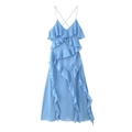 Lichtblauwe jurk met spaghettibandjes en gelaagde ruches van elegant chiffon materiaal - XS / Lichtblauw
