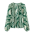 Women's dark green long sleeve shirt with white tropical leaf prints and pleated collar - XS / Tropical Leaf (Color 2)