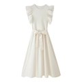 Elegantes elfenbeinfarbenes A-Linien-Kleid mit Rüschenschultern und passender Taillenschleife - S / Gebrochenes Weiß