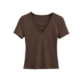 Haut à manches courtes pour femmes, col en V cintré avec lacets croisés, marron foncé - S / café
