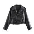 Women's 2025 short faux leather jacket in black with lapel collar and single button design - XS / Black