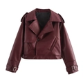 Chic burgundy faux leather moto jacket with notched lapel and metallic buckles - XS / Burgundy