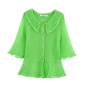 Bright green crochet knit cardigan with a large pointed collar and ruffled hem details - S / Green