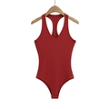 Close-up of red ribbed bodysuit showing deep V-neck, racerback, and high-cut details - S / Red