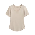Dames T-shirt met korte mouwen, V-hals, slim-fit pasvorm en ronde zoom in khaki kleur - S / Melkachtig Abrikoos