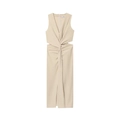 Vestido sin mangas beige caqui con cuello en V, nudo en cintura y detalle de corte - XS / Caqui