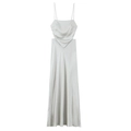 Elegantes champagnerfarbenes Satin-Maxikleid mit Spaghettiträgern und Seitenausschnitten - XS / Silber