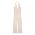 Elegant cream white halter neck jumpsuit with deep V-neck and wide leg design - S / Apricot