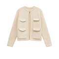 Women's minimalist off-white chunky knit cardigan with round neck and four flap pockets - S / Milky White