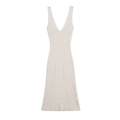 Slim fit beige ribbed knit V-neck sleeveless midi dress for women, elegant 2025 style - S / Off White