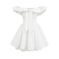 Weißes schulterfreies Minikleid mit Schleife, Rüschenkragen und Saum aus Spitze im Fokus - S / Weiß