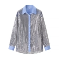 Damesoverhemd met zilveren lovertjes, blauw gestreepte manchetten en kraag, mode 2025 - S / Overhemd/Top / Zilver