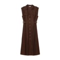 Detail of a brown sleeveless midi dress featuring button closure, pockets and a waist belt - XS / Brown