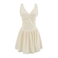 Ärmelloses französisches Mini-Kleid in Creme mit Lochstickerei und Schleifen-Detail - S / Aprikose