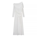 Elegant white long-sleeve floor-length dress with pleated off-shoulder neckline - S / White