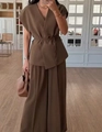 Women's two-piece set featuring dark brown sleeveless wrap top and wide-leg trousers - XS / Brown Set
