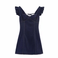 Mini abito in denim blu scuro attillato con spalline a volant e dettaglio lacci incrociati - S / Blu scuro