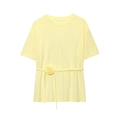 T-shirt jaune clair à manches courtes avec ceinture à fleurs 3D et col rond classique - Jaune