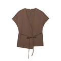 Women's deep brown V-neck wrap top with side waist tie and asymmetrical hem in S size - XS / Brown Top
