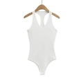 White ribbed V-neck backless bodysuit for women with sleeveless slim fit design - S / White