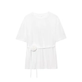 T-shirt blanc à manches courtes avec col rond et ceinture à rose en tissu faite main - S / Blanc