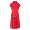 Elegant red high neck pleated maxi dress with gathered bodice and accordion pleats - S / Red