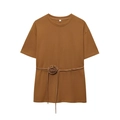 T-shirt femme marron caramel à manches courtes avec rose 3D faite main et lien taille - S / Brun Foncé