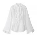 Elegante witte chiffon blouse met ruffelkraag en wijde klokmouwen in maat S - S / Wit